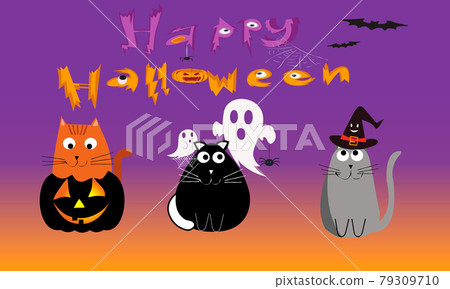 Happy Halloween banner or party invitation background with cats pumpkin haunted spider hat. Halloween attributes. Holiday greeting card.Vector illustration. Full moon in the sky, spider webs and bats. Happy Halloween banner or party invitation background with cats pumpkin haunted spider hat. Halloween attributes. Holiday greeting card.Vector illustration. Full moon in the sky, spider webs and bats. 79309710