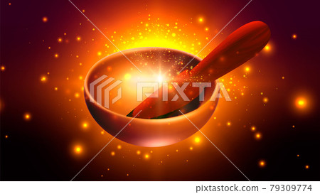 Magic singing bowl on purple background. Music for healing and meditation Magic singing bowl on purple background. Music for healing and meditation 79309774
