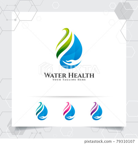 Drop water logo design with concept of droplet water icon with green ecology vector used for mineral water company and plumbing. Drop water logo design with concept of droplet water icon with green ecology vector used for mineral water company and plumbing. 79310107
