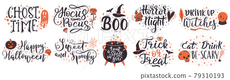 Halloween lettering quotes. Handwritten halloween phrases, put a spell on you and trick or treat vector symbols set. Spooky halloween lettering 79310193