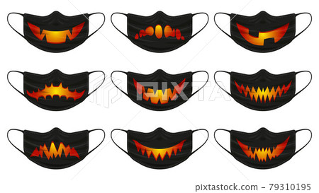 Halloween pumpkin mask. Face protection masks with halloween spooky pumpkin faces isolated vector illustration set. Happy halloween scary face mask 79310195
