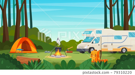 Summer camp in forest with bonfire, tent, backpack Summer camp in forest with bonfire, tent, backpack 79310220