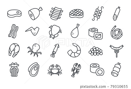 Meat products fish poultry seafood icons. Vector isolated linear icon contour shape outline. Food ingredients. Steak ham gammon skewers bacon chicken wings fish sausages grilled sausage shrimp sushi 79310655