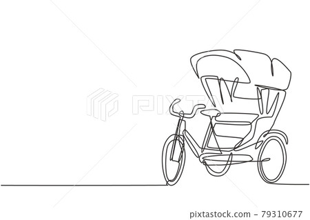 Single one line drawing of cycle rickshaw with three wheels and a rear passenger seat is an ancient vehicle in several Asian countries. Modern continuous line draw design graphic vector illustration. Single one line drawing of cycle rickshaw with three wheels and a rear passenger seat is an ancient vehicle in several Asian countries. Modern continuous line draw design graphic vector illustration. 79310677