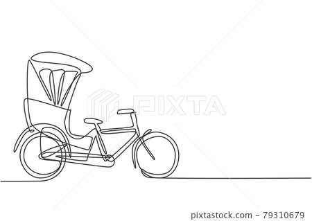 Single continuous line drawing the cycle rickshaw seen from the side pulls the passenger sitting behind it with a bicycle pedal. Tourist vehicle. One line draw graphic design vector illustration. Single continuous line drawing the cycle rickshaw seen from the side pulls the passenger sitting behind it with a bicycle pedal. Tourist vehicle. One line draw graphic design vector illustration. 79310679