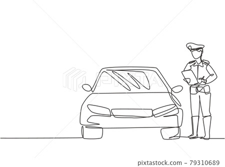 Single continuous line drawing policeman with uniform is ticketing a driver who uses a car for violating traffic signs. Regulations must be enforced. One line draw graphic design vector illustration. Single continuous line drawing policeman with uniform is ticketing a driver who uses a car for violating traffic signs. Regulations must be enforced. One line draw graphic design vector illustration. 79310689