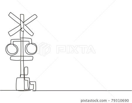Single one line drawing of railway barrier with signs and warning lights in an open position that allows vehicles to cross railway lines. Modern continuous line draw design graphic vector illustration Single one line drawing of railway barrier with signs and warning lights in an open position that allows vehicles to cross railway lines. Modern continuous line draw design graphic vector illustration 79310690
