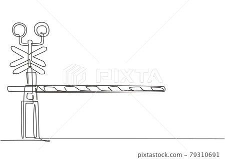 Continuous one line drawing a railway barrier with stripes, signs, and warning lights closes railroad crossings to prevent vehicles from entering. Single line draw design vector graphic illustration. Continuous one line drawing a railway barrier with stripes, signs, and warning lights closes railroad crossings to prevent vehicles from entering. Single line draw design vector graphic illustration. 79310691