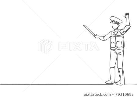 Single one line drawing of a policeman in full uniform and using a short stick is controlling the vehicle on a busy highway. A life in the city. Continuous line draw design graphic vector illustration 79310692