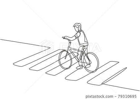 Single one line drawing of a young man riding a bicycle crossing the zebra crossing at a crossroads. Single one line drawing of a young man riding a bicycle crossing the zebra crossing at a crossroads. 79310695
