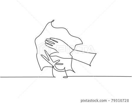 Single one line drawing of twelve steps hand washing by wiping your palms dry with a towel. Hand hygiene to avoid the corona virus. Modern continuous line draw design graphic vector illustration. 79310728