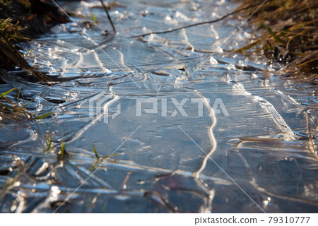 View from above. Frozen puddle. The ice formed a natural pattern. Abstraction View from above. Frozen puddle. The ice formed a natural pattern. Abstraction 79310777