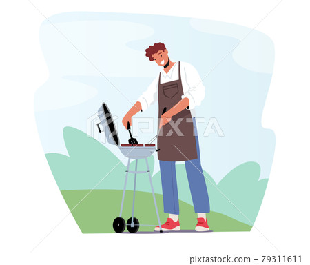 Male Character in Chef Apron Frying Sausages on Barbecue Machine at Front Yard Spend Time on Outdoor Bbq at Summer Male Character in Chef Apron Frying Sausages on Barbecue Machine at Front Yard Spend Time on Outdoor Bbq at Summer 79311611