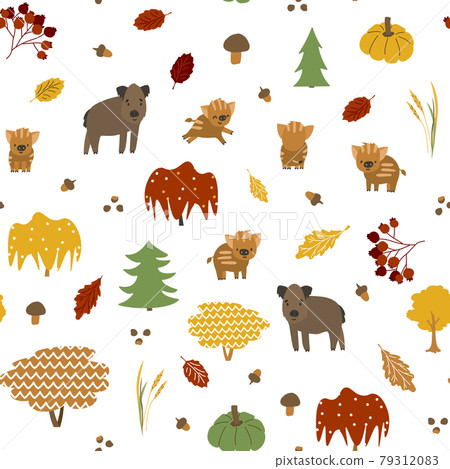 Bright boar family seamless pattern. Vector illustration has leaves, acorns, maple, pumpkin, mushrooms, trees, berries, boar father and mother, little baby piglets Bright boar family seamless pattern. Vector illustration has leaves, acorns, maple, pumpkin, mushrooms, trees, berries, boar father and mother, little baby piglets 79312083