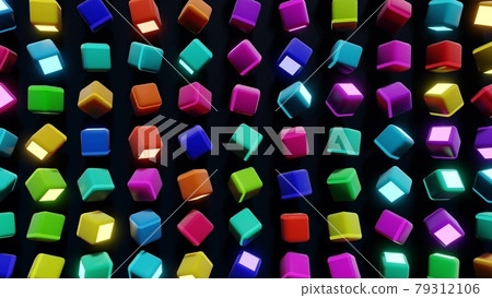 3d render. Dark background with abstract blocks on plane like devices with screen lighting with multicolor neon light. 79312106