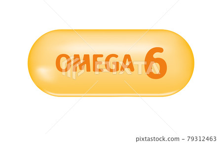 Golden glossy capsule with text Omega 6. Pill of fish oil, polyunsaturated fatty acid. Healthcare and beauty food supplement. Vector realistic illustration Golden glossy capsule with text Omega 6. Pill of fish oil, polyunsaturated fatty acid. Healthcare and beauty food supplement. Vector realistic illustration 79312463