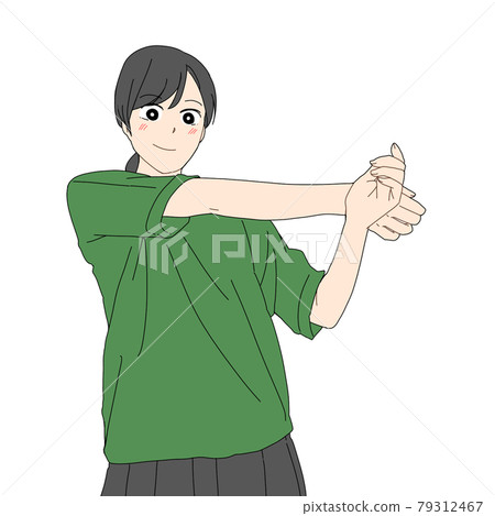 一個女人伸展她的右肩 一個女人伸展她的右肩 79312467