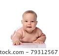 Infant child baby girl kid in diaper lying happy 79312567