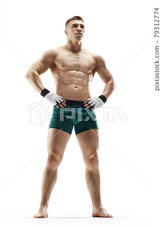 MMA. Sport concept. MMA fighter isolated on white background. Athlete. Hands on hips MMA. Sport concept. MMA fighter isolated on white background. Athlete. Hands on hips 79312774