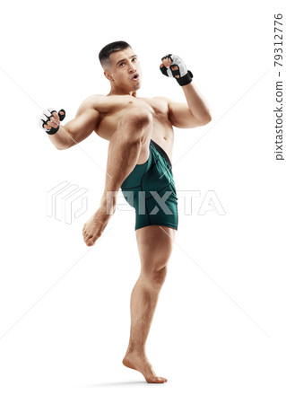 MMA. Knee kick. Male fighter with a knee kick. Sport. Isolated in white background 79312776
