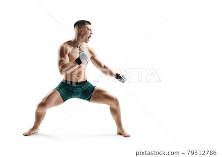 Fighter stance. MMA fighter isolated on white background. Athlete. Side view. Sport Fighter stance. MMA fighter isolated on white background. Athlete. Side view. Sport 79312786