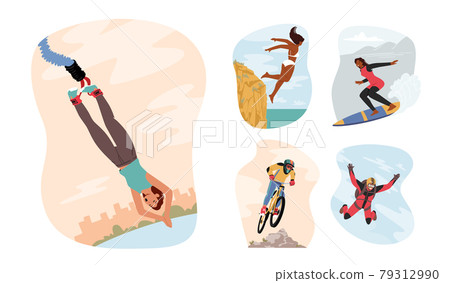 Set Extreme Sport and Recreation. Male and female Characters Bungee and Cliff Jump, Parachuting Base Jumping, Surfing 79312990