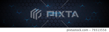 Dark wide hexagonal abstract technology banner with blue bright energy flashes under hexagon 79313558