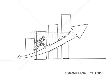 Single continuous line drawing of young worker running fast on increasing arrow sign. Professional businessman work ethic. Minimalism concept dynamic one line draw graphic design vector illustration Single continuous line drawing of young worker running fast on increasing arrow sign. Professional businessman work ethic. Minimalism concept dynamic one line draw graphic design vector illustration 79317058