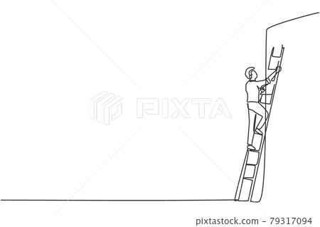 Single one line drawing of young smart entrepreneur climbing up the wall with ladder. Business obstacle metaphor minimal concept. Modern continuous line draw design graphic vector illustration Single one line drawing of young smart entrepreneur climbing up the wall with ladder. Business obstacle metaphor minimal concept. Modern continuous line draw design graphic vector illustration 79317094