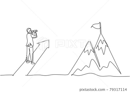 Single one line drawing of young smart business man looking top mountain from up arrow sign. Business financial growth minimal concept. Modern continuous line draw design graphic vector illustration 79317114