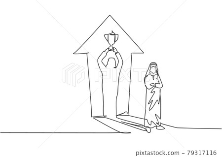 Single continuous line drawing of young Arabian businessman standing with shadow lifting a trophy on wall. Champ employee. Minimalism concept dynamic one line draw graphic design vector illustration Single continuous line drawing of young Arabian businessman standing with shadow lifting a trophy on wall. Champ employee. Minimalism concept dynamic one line draw graphic design vector illustration 79317116