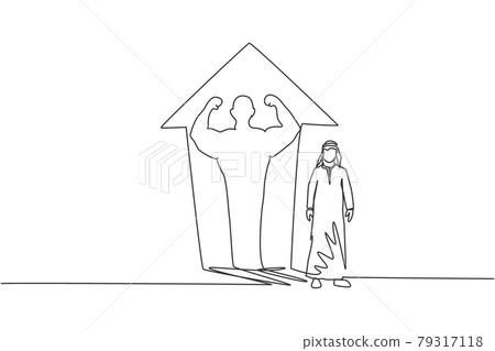 Continuous one line drawing of young Arab businessman standing with muscular shadow on wall. Successful athlete body transform minimalist concept. Single line draw design vector graphic illustration Continuous one line drawing of young Arab businessman standing with muscular shadow on wall. Successful athlete body transform minimalist concept. Single line draw design vector graphic illustration 79317118
