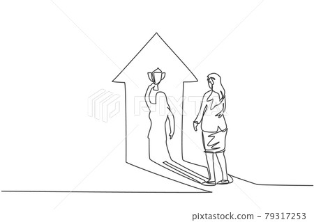Single continuous line drawing of young beauty businesswoman facing her shadow lifting up the trophy. Professional worker. Minimalism concept dynamic one line draw graphic design vector illustration Single continuous line drawing of young beauty businesswoman facing her shadow lifting up the trophy. Professional worker. Minimalism concept dynamic one line draw graphic design vector illustration 79317253