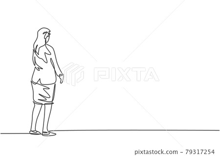Single continuous line drawing of young beauty businesswoman pose standing and looking back to wall. Professional worker. Minimalism concept dynamic one line draw graphic design vector illustration 79317254