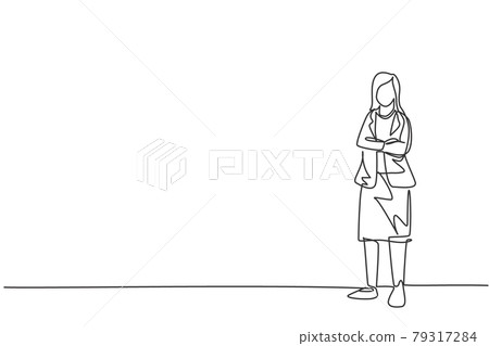 Single one line drawing of young smart businesswoman standing and cross her arms on chest. Business finance growth minimal concept. Modern continuous line draw design graphic vector illustration 79317284