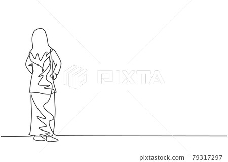 Single continuous line drawing of young beauty Arabian female manager looking back, rear view. Professional businesswoman. Minimalism concept dynamic one line draw graphic design vector illustration Single continuous line drawing of young beauty Arabian female manager looking back, rear view. Professional businesswoman. Minimalism concept dynamic one line draw graphic design vector illustration 79317297