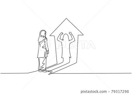 Single one line drawing young smart Arab business woman facing her muscular shadow on up arrow symbol. Business growth minimal concept. Modern continuous line draw design graphic vector illustration 79317298