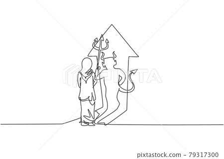 Single one line drawing of young smart Arab business woman facing devil shadow on arrow up symbol wall. Evil character minimal concept. Modern continuous line draw design graphic vector illustration Single one line drawing of young smart Arab business woman facing devil shadow on arrow up symbol wall. Evil character minimal concept. Modern continuous line draw design graphic vector illustration 79317300