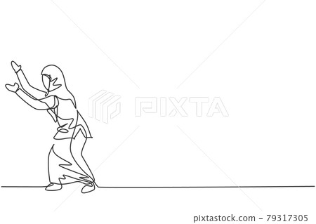 Single one line drawing young smart Arab business woman pushing the wall to protect her position, metaphor. Business growth minimal concept. Continuous line draw design graphic vector illustration 79317305
