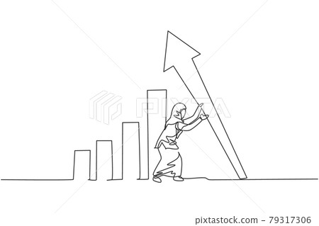 Single one line drawing of young smart Arab business woman erecting the arrow symbol up. Business financial growth minimal concept. Modern continuous line draw design graphic vector illustration Single one line drawing of young smart Arab business woman erecting the arrow symbol up. Business financial growth minimal concept. Modern continuous line draw design graphic vector illustration 79317306