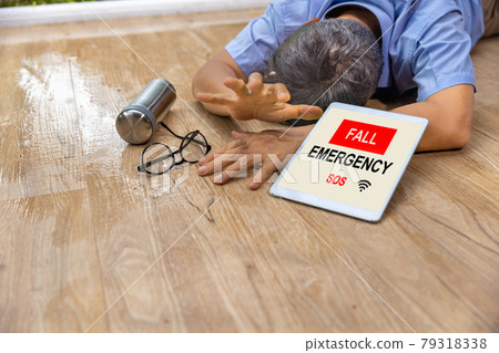 Medical fall accident detection is alert that senior man falling  because slippery surfaces 79318338