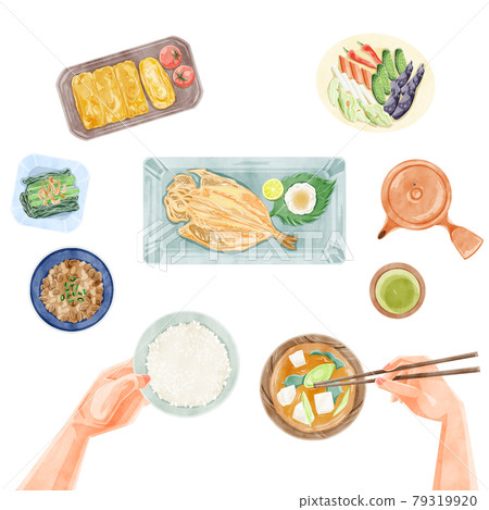 日式早餐（日本料理）手繪水彩風格插畫 79319920