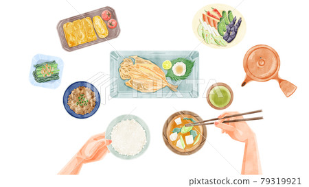 Japanese breakfast (Japanese food) hand-painted watercolor style illustration 79319921