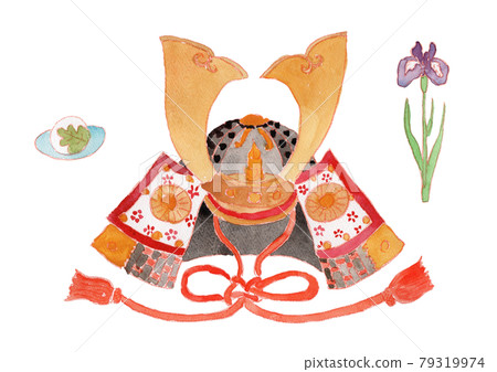 Watercolor illustration of helmet, flower shobu, kashiwa mochi, Children's Day 79319974