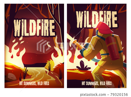 Wildfire posters with burning forest and fireman 79320156