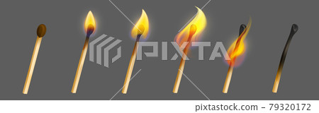 Match stick with fire in different stage of burn 79320172