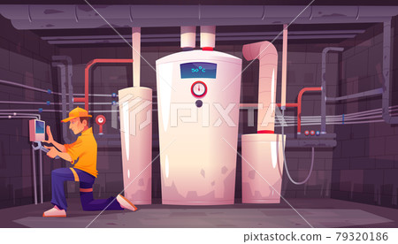 Home basement with plumber, boiler and pipes 79320186