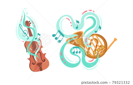 Musical Instruments with Violin and Horn Twisted with Decorative Swirling Line and Note Vector Set 79321332