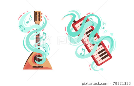 Musical Instruments with Keyboard and Balalaika Twisted with Decorative Swirling Line and Note Vector Set 79321333