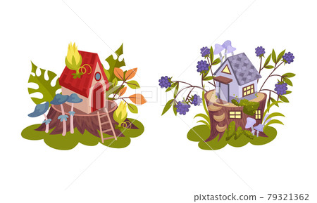 Little Fairy House Rested on Tree Stump with Flora and Foliage Vector Set 79321362